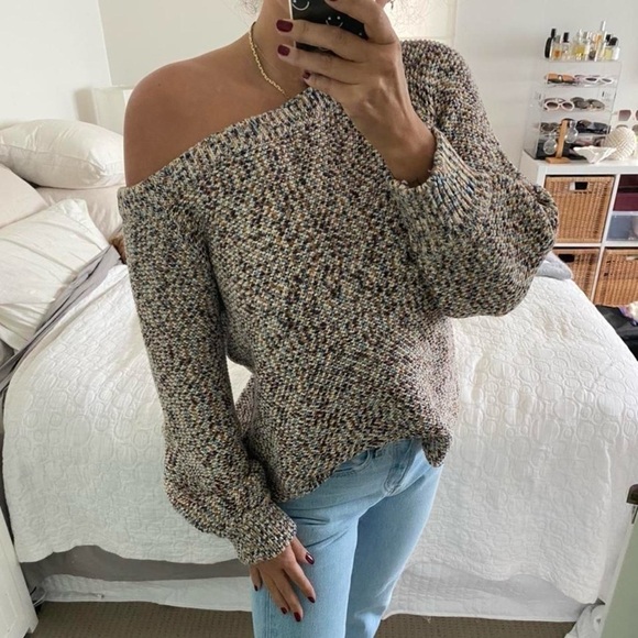 Viktoria & Woods Chunky Knit Sweater Jumper Blue Brown Speckled Off Shoulder - Picture 2 of 9